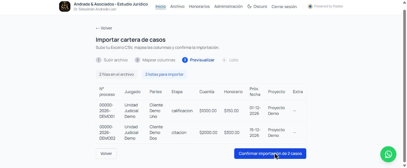 Previsualización de importación